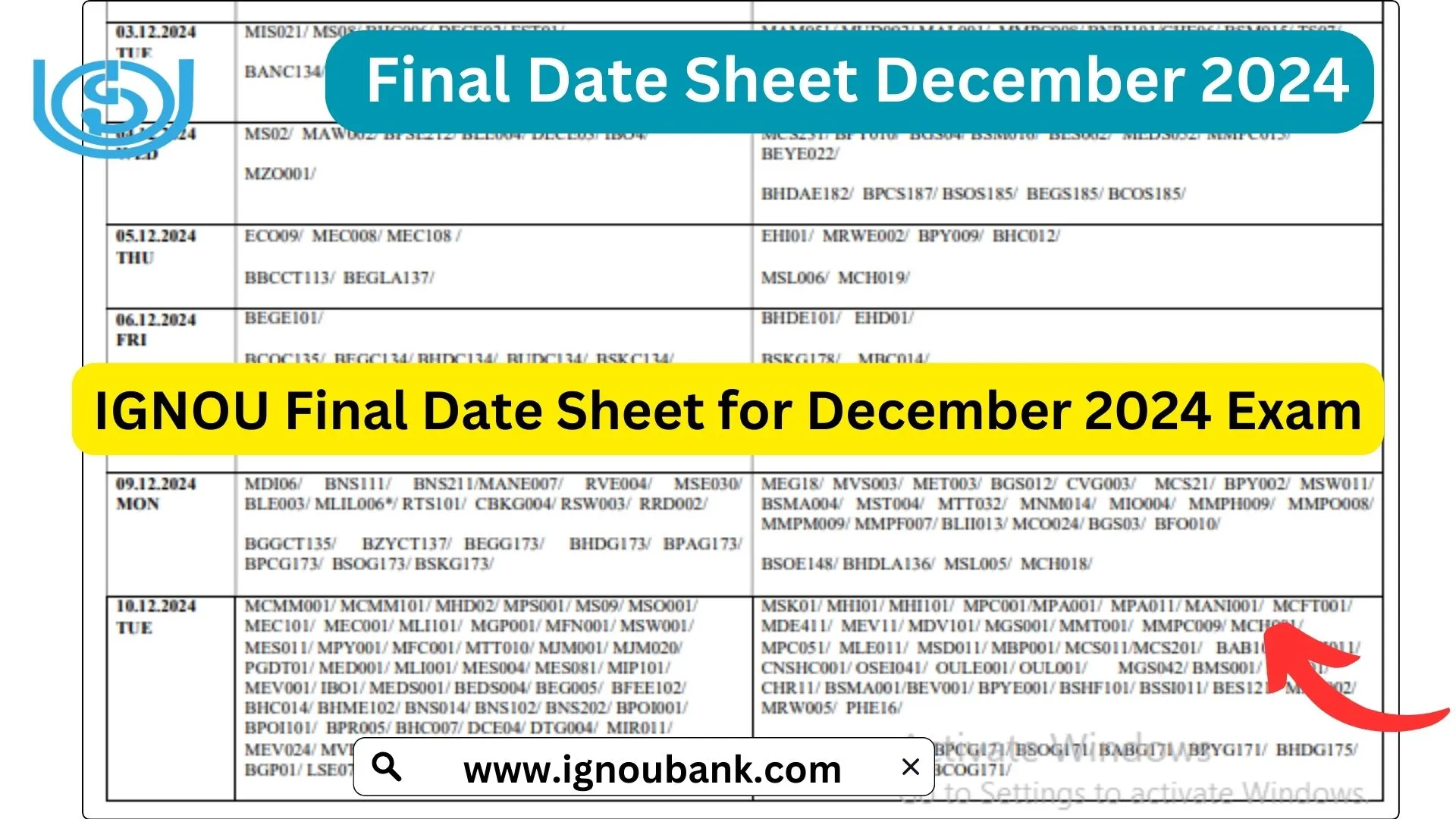 Ignou date sheet december 2024 final download pdf