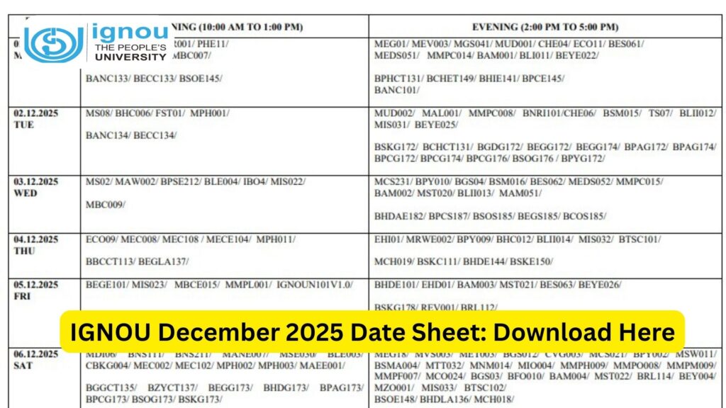 IGNOU December 2025 Date Sheet: Complete Guide for Students