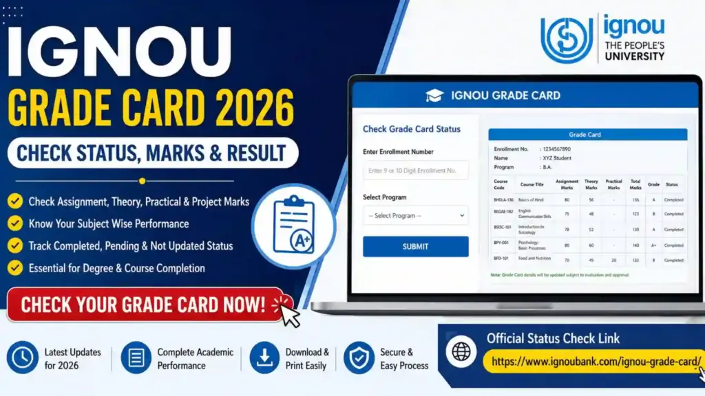 IGNOU Grade Card 2026: Complete Guide to Check Status, Marks, Percentage, and Result Updates