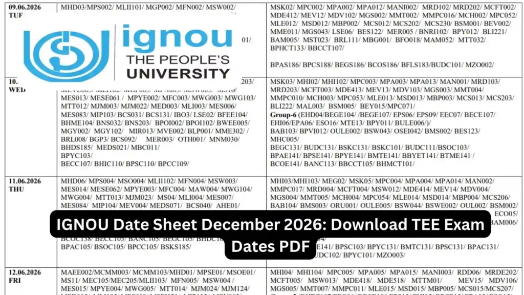 IGNOU Date Sheet December 2026: Download TEE Exam Dates PDF
