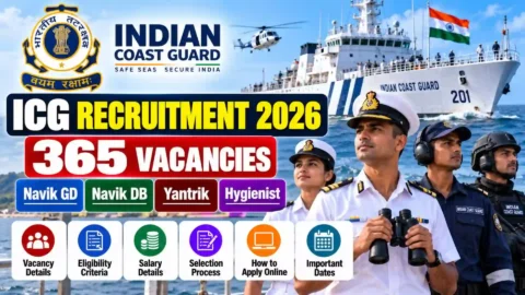 ICG Recruitment 2026: 365 Vacancies for Navik GD, DB, Yantrik & Hygienist – Eligibility, Salary, Last Date & Apply Online
