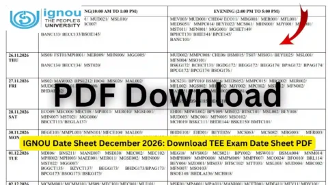 IGNOU Date Sheet December 2026: Download TEE Exam Date Sheet PDF