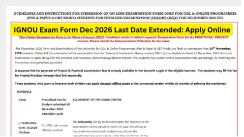 IGNOU Exam Form Dec 2026 Last Date Extended: Apply Online